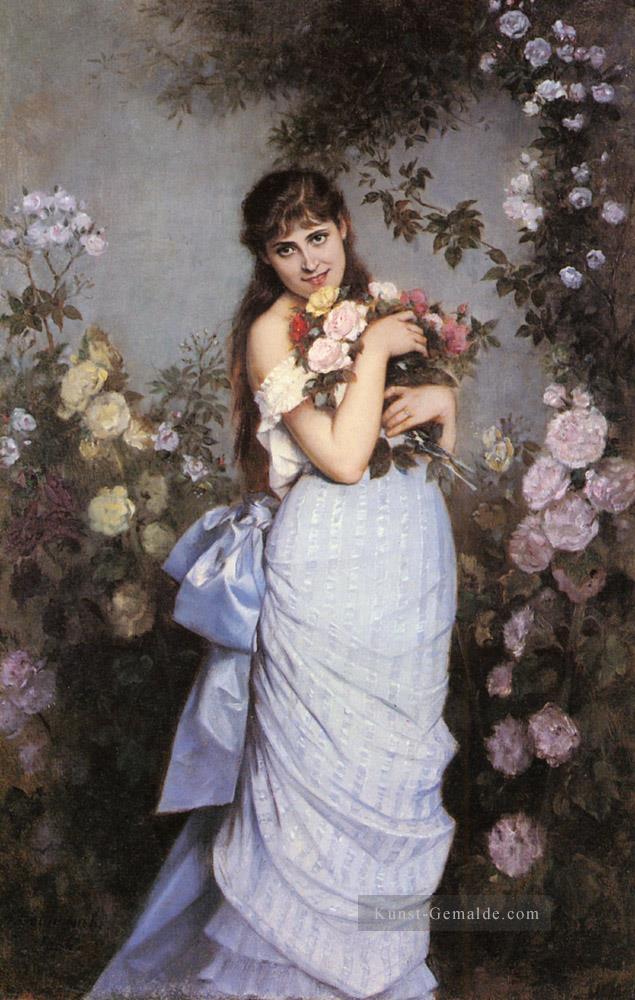 Eine junge Frau in einem Rosengarten Auguste Toulmouche Ölgemälde